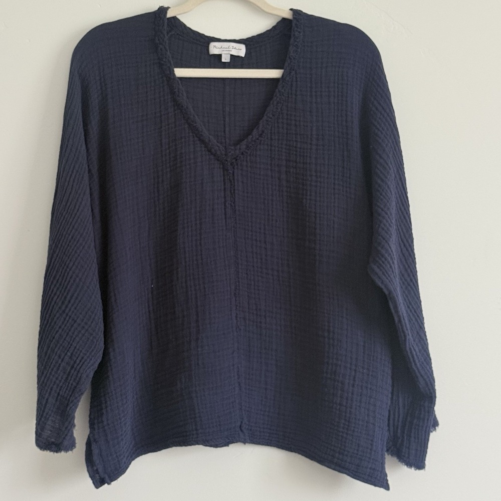 Michael Stars Gauze Cotton Blouse Top L Beach Coastal Boho Relax Comfort Blue